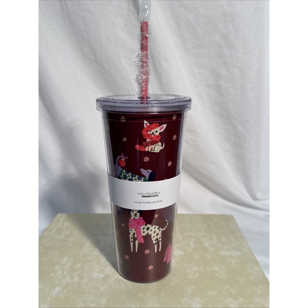 Vera Bradley Holiday Hounds/Dogs Red Pink 24 oz  Travel Tumbler Straw NEW IN BOX